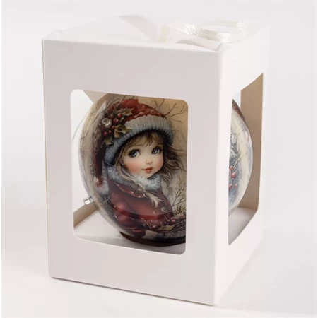 Karácsonyfadísz, Lány mikulás sapkában, díszdobozban LED-es 8x8cm