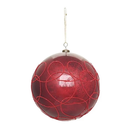 Karácsonyfadísz Óriás gömb gyöngyház fényű, csillámos mintával, akasztós műanyag 20 cm piros