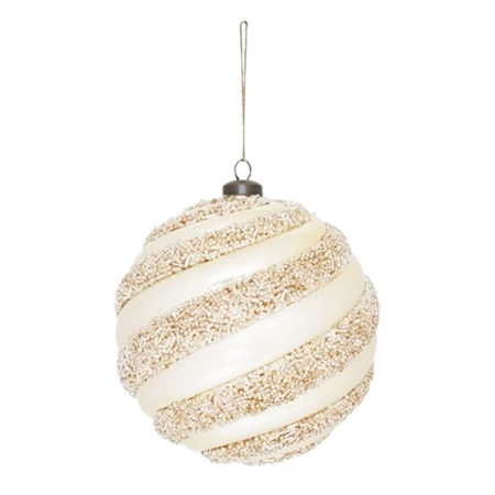 Karácsonyfadísz Óriás gömb gyöngyház fényű, gyöngy csíkokkal, akasztós műanyag 15 cm pezsgő