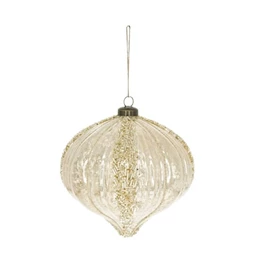 Karácsonyfadísz Óriás gömb hagyma alakú, gyöngy csíkokkal, akasztós műanyag 14,5x14,7 cm pezsgő