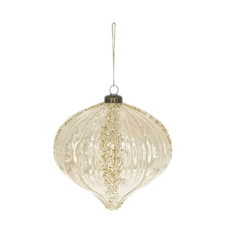 Karácsonyfadísz Óriás gömb hagyma alakú, gyöngy csíkokkal, akasztós műanyag 14,5x14,7 cm pezsgő