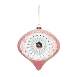 Karácsonyfadísz Óriás gömb vintage hagyma alakú gyöngyház fényű, gyöngy dekorral, akasztós műanyag 20 cm rózsaszín