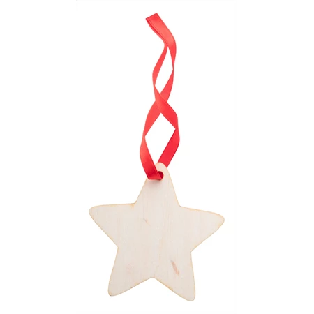 Karácsonyfadísz fa csillag, rétegelt nyírfából készült karácsonyfadísz piros színű szalaggal 80x70x3mm