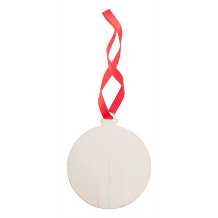 Karácsonyfadísz fa gömb, rétegelt nyírfából készült karácsonyfadísz piros színű szalaggal 80x70x3mm