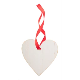 Karácsonyfadísz fa szív, rétegelt nyírfából készült karácsonyfadísz piros színű szalaggal 80x70x3mm