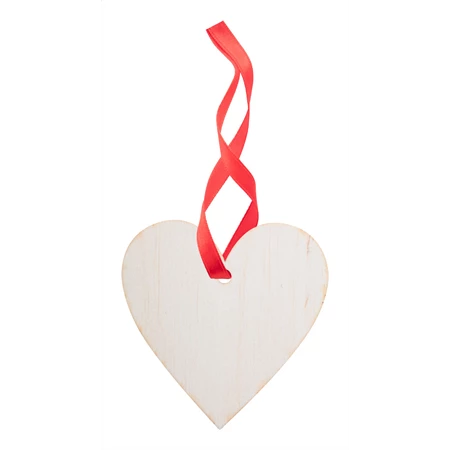 Karácsonyfadísz fa szív, rétegelt nyírfából készült karácsonyfadísz piros színű szalaggal 80x70x3mm