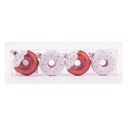 Karácsonyfadísz fánk akasztós, műanyag 5,5x5,5cm piros-fehér, 4db/csomag