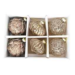 KArácsonyfadísz gömb dombor mintával, hagyma alakú, akasztós üveg 8cm barna-arany 6db/csomag