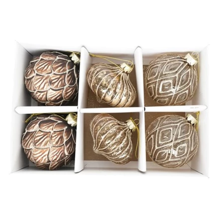 KArácsonyfadísz gömb dombor mintával, hagyma alakú, akasztós üveg 8cm barna-arany 6db/csomag