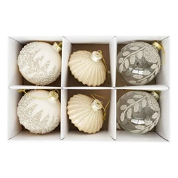 Karácsonyfadísz gömb glitter dekorral, akasztós üveg 8cm átlátszó, bronz-krém 6db/csomag