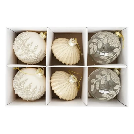 Karácsonyfadísz gömb glitter dekorral, akasztós üveg 8cm átlátszó, bronz-krém 6db/csomag