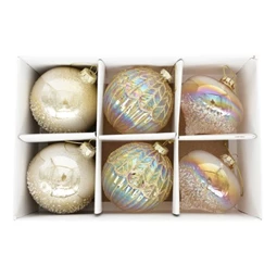 Karácsonyfadísz gömb glitter dekorral, dombor mintával, hagyma alakú, akasztós üveg 8cm pezsgő 6db/csomag