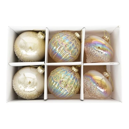 Karácsonyfadísz gömb glitter dekorral, dombor mintával, hagyma alakú, akasztós üveg 8cm pezsgő 6db/csomag