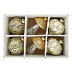 Karácsonyfadísz gömb, gomba, hagyma, dombor mintával, akasztós üveg 8cm arany, átlátszó 6db/csomag