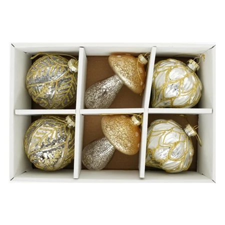 Karácsonyfadísz gömb, gomba, hagyma, dombor mintával, akasztós üveg 8cm arany, átlátszó 6db/csomag