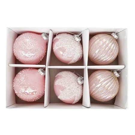 Karácsonyfadísz gömb irizáló, glitter dekorral, hagyma alakú, akasztós üveg 8cm rózsaszín 6db/csomag