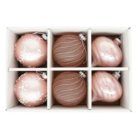 Karácsonyfadísz gömb matt, hagyma alakú, vonal dekorral, akasztós üveg 8cm rózsaszín, mályva 6db/csomag