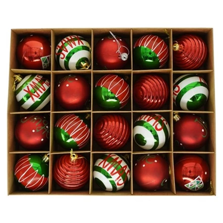 Karácsonyfadísz gömb válogatás műanyag 31x25x6 cm piros, zöld 20db/csomag