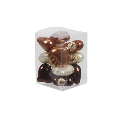 Karácsonyfadísz szív üveg 4cm-es 12db/csomag barna-krém