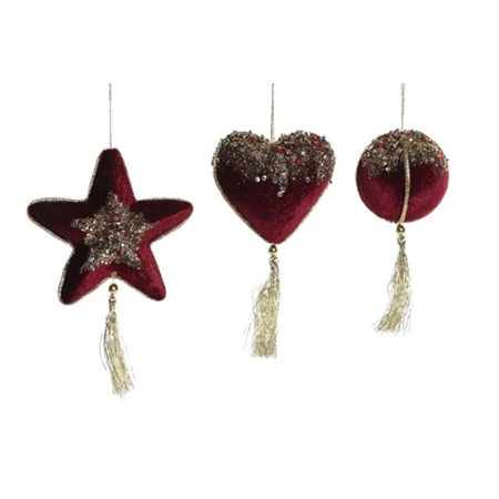 Karácsonyi dekorációs figura, akasztós, 14x4x14cm csillag/gömb/szív bordó