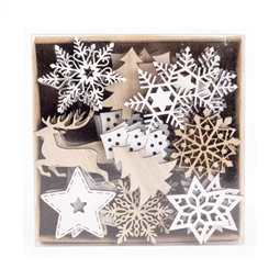 Karácsonyi fa dekoráció, 4cm rénszarvas, fenyőfa, hópehely, csillag 72db/csomag natúr/fehér