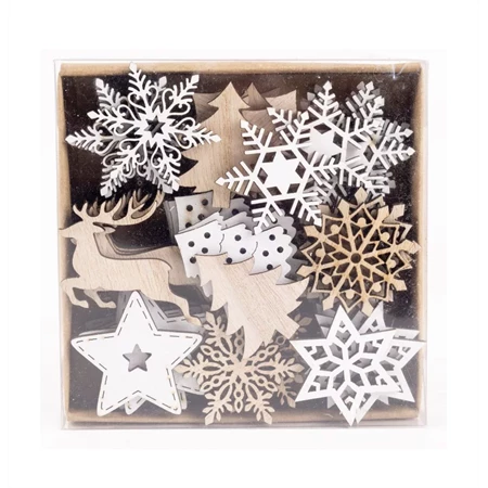 Karácsonyi fa dekoráció, 4cm rénszarvas, fenyőfa, hópehely, csillag 72db/csomag natúr/fehér