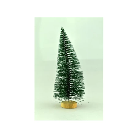 Karácsonyi fenyőfa, műanyag, 15cm, fa talpon, havas