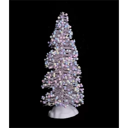 Karácsonyi fenyőfa, műanyag, csavart, rózsaszín bogyókkal 10cm, műanyag talpon