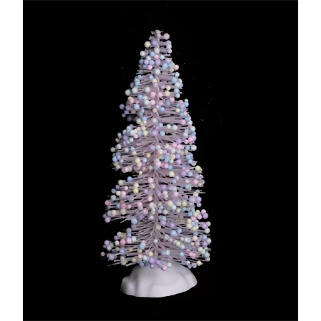 Karácsonyi fenyőfa, műanyag, csavart, rózsaszín bogyókkal 10cm, műanyag talpon