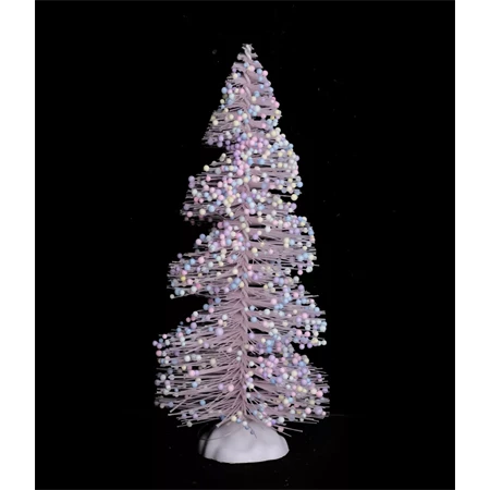 Karácsonyi fenyőfa, műanyag, csavart, rózsaszín bogyókkal 14,5cm, műanyag talpon