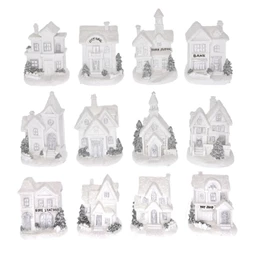 Karácsonyi házikó, Led-es 7x6x10cm, fehér/ezüst, 12 féle 1db, figura nem válaszható