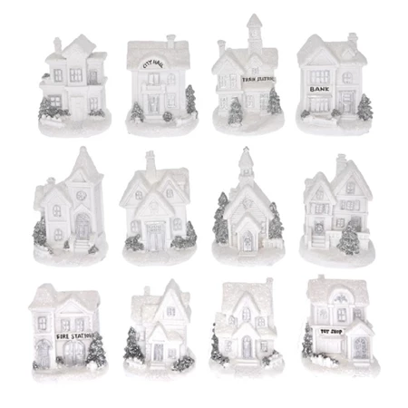 Karácsonyi házikó, Led-es 7x6x10cm, fehér/ezüst, 12 féle 1db, figura nem válaszható