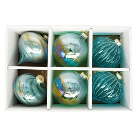 Karécsonyfadísz gömb/hagyma alakú, akasztós üveg 8cm türkizkék, zöld 6db/csomag