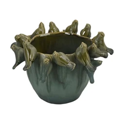 Kaspó kerek 3D madarakkal kerámia 29x29x19,5cm türkizkék/zöld