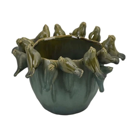 Kaspó kerek 3D madarakkal kerámia 29x29x19,5cm türkizkék/zöld