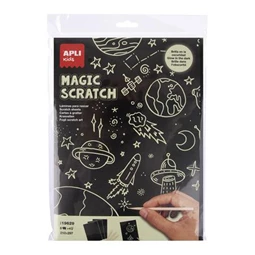 Képkarcoló, világítós, A4, APLI Kids Magic Scratch, világítanak a minták a sötétben, 8 képkarcoló A/4 lap, 4 fapálcika