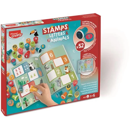 Készségfejlesztő MAPED Nyomdázó készlet, foglalkoztató füzettel MAPED CREATIV Stamps betűk és állatok, 52db nyomda+füzet