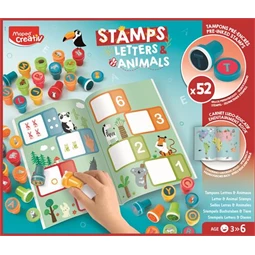 Készségfejlesztő MAPED Nyomdázó készlet, foglalkoztató füzettel MAPED CREATIV Stamps betűk és állatok, 52db nyomda+füzet