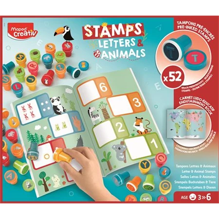 Készségfejlesztő MAPED Nyomdázó készlet, foglalkoztató füzettel MAPED CREATIV Stamps betűk és állatok, 52db nyomda+füzet