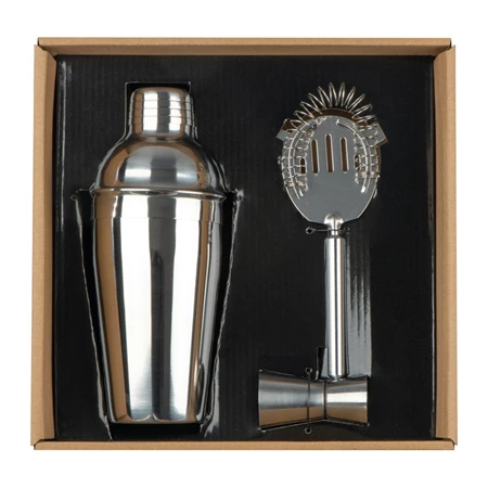 Koktélos készlet, krómozott kivitelben, ajándékdobozban, mérőpohár+iralszűrő+500ml shaker