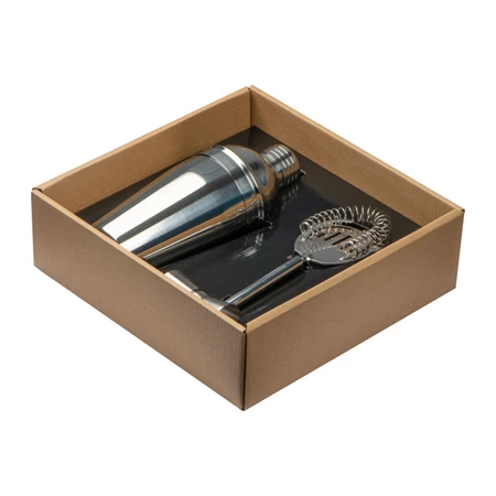 Koktélos készlet, krómozott kivitelben, ajándékdobozban, mérőpohár+iralszűrő+500ml shaker