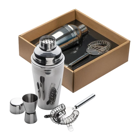 Koktélos készlet, krómozott kivitelben, ajándékdobozban, mérőpohár+iralszűrő+500ml shaker