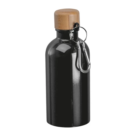Kulacs alumínium 400ml-es, karabínerrel, bambusz kupakkal, fekete