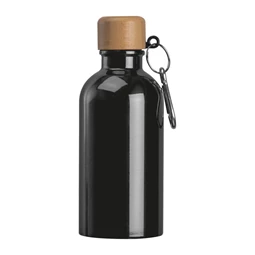 Kulacs alumínium 400ml-es, karabínerrel, bambusz kupakkal, fekete