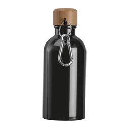 Kulacs alumínium 400ml-es, karabínerrel, bambusz kupakkal, fekete