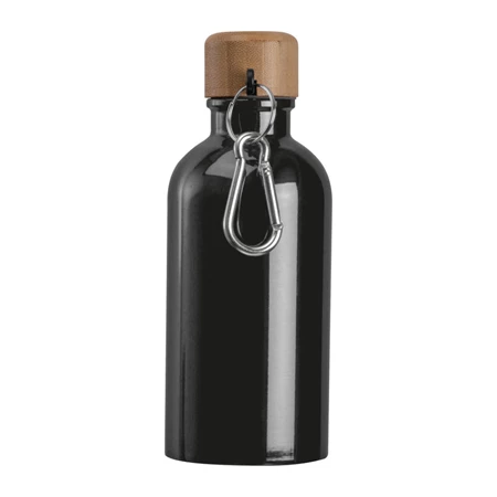 Kulacs alumínium 400ml-es, karabínerrel, bambusz kupakkal, fekete