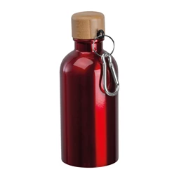 Kulacs alumínium 400ml-es, karabínerrel, bambusz kupakkal, piros