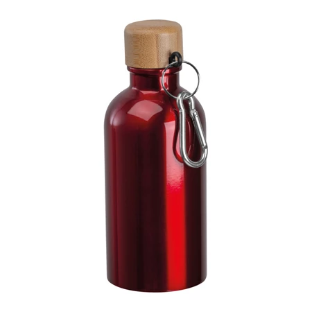 Kulacs alumínium 400ml-es, karabínerrel, bambusz kupakkal, piros