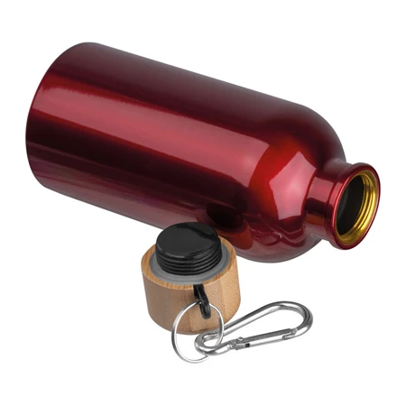 Kulacs alumínium 400ml-es, karabínerrel, bambusz kupakkal, piros
