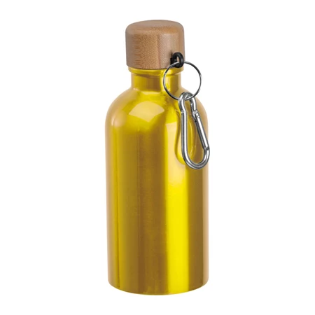 Kulacs alumínium 400ml-es, karabínerrel, bambusz kupakkal, sárga